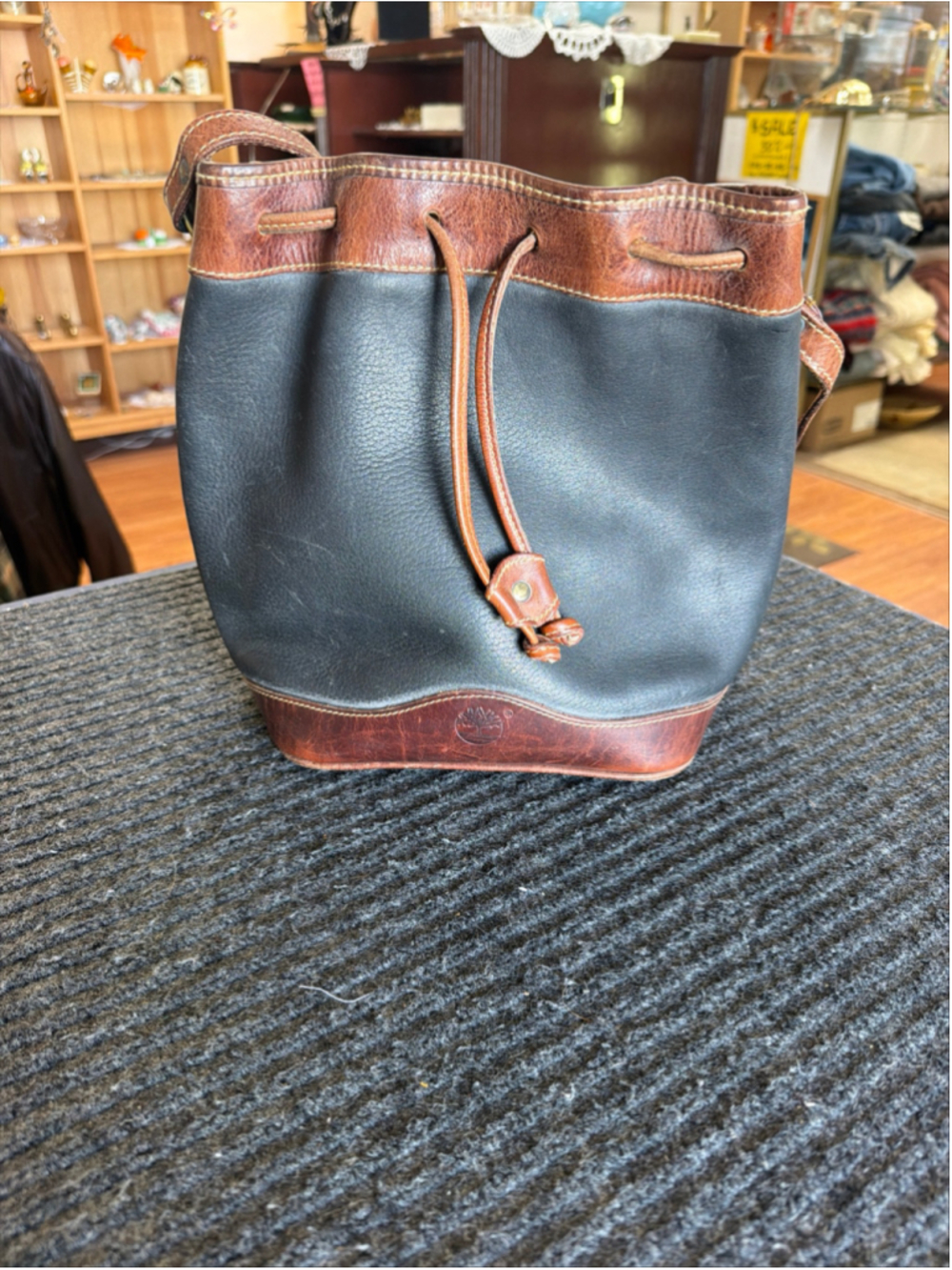 Vintage 90s Timberland Leather Bucket Bag Black Brown Drawstring Shoulder Bag
